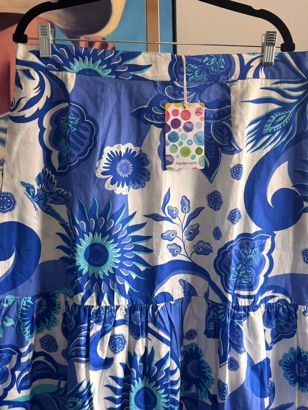 NWT Maude Vivante Ada Porcelain Blue Floral Tiered Midi Skirt Size XL